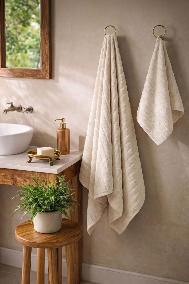 Phaselis Banyo Set 2'li El Havlu 50x90 cm ve 2'li Banyo Havlu 70x140 cm EKRU