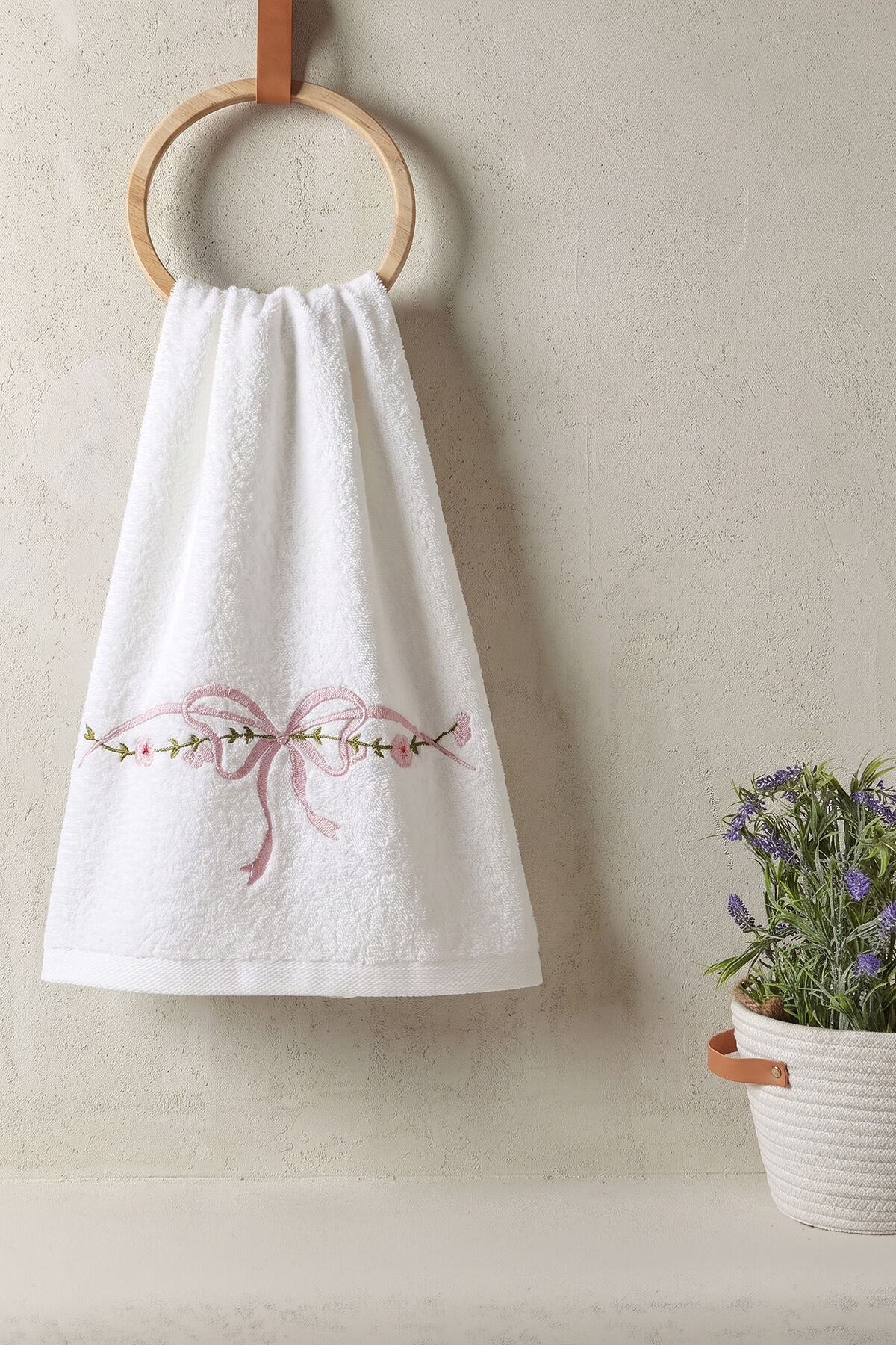 Kurdele Nakışlı Bambu El & Yüz Havlusu, 2'li Set, %60 Bambu %40 Pamuk, 50 x 90 cm, Beyaz