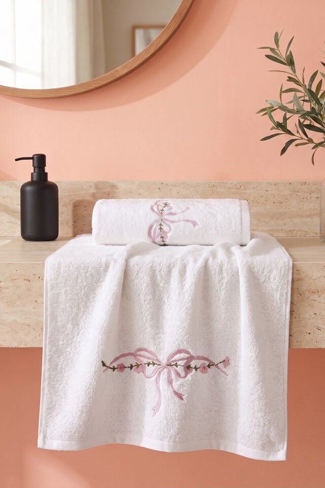 Kurdele Nakışlı Bambu El & Yüz Havlusu, 2'li Set, %60 Bambu %40 Pamuk, 50 x 90 cm, Beyaz
