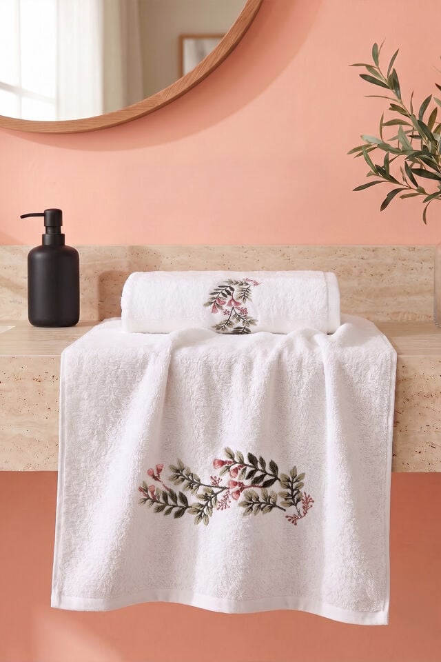 Çiçek Nakışlı Bambu El & Yüz Havlusu, 2'li Set, %60 Bambu %40 Pamuk, 50 x 90 cm, Beyaz