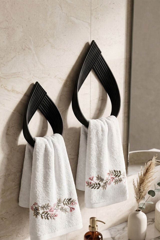 Çiçek Nakışlı Bambu El & Yüz Havlusu, 2'li Set, %60 Bambu %40 Pamuk, 50 x 90 cm, Beyaz
