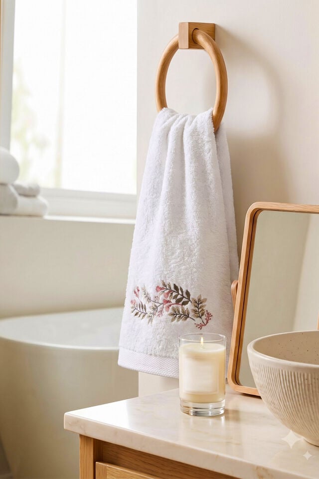 Çiçek Nakışlı Bambu El & Yüz Havlusu, 2'li Set, %60 Bambu %40 Pamuk, 50 x 90 cm, Beyaz